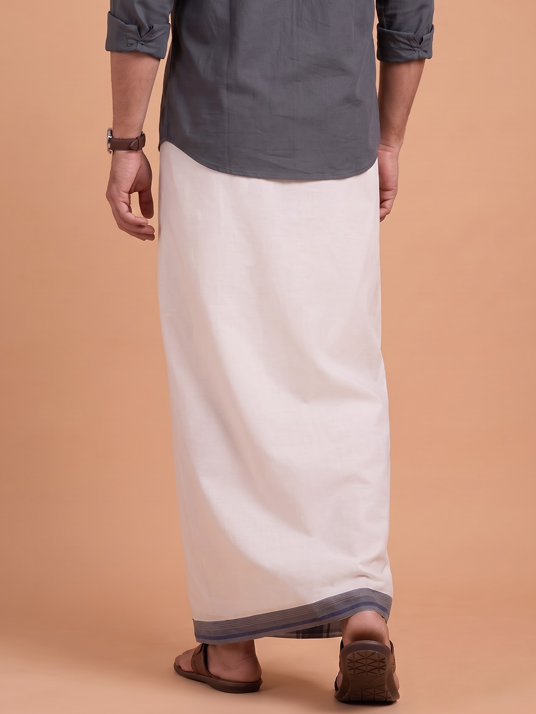Double Layer Premium Handloom Cream Dhoti With Colour Border - HLM125