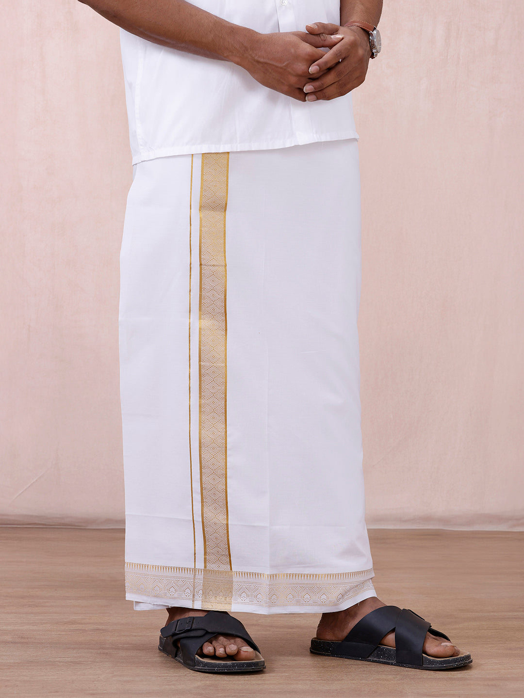 Men 100% Cotton Single Layer White Dhoti with Gold Jari Border Aura 351