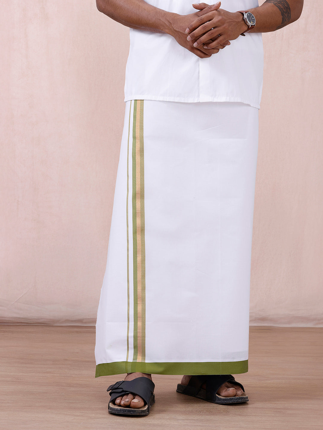 Men 100% Cotton Single Layer White Dhoti with Fancy Jari Border GR08