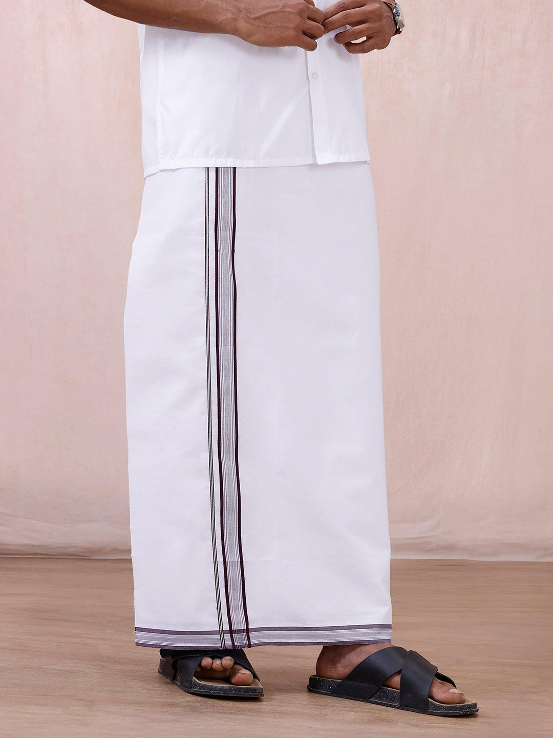 Men 100% Cotton Single Layer White Dhoti with Fancy Jari Border HW02