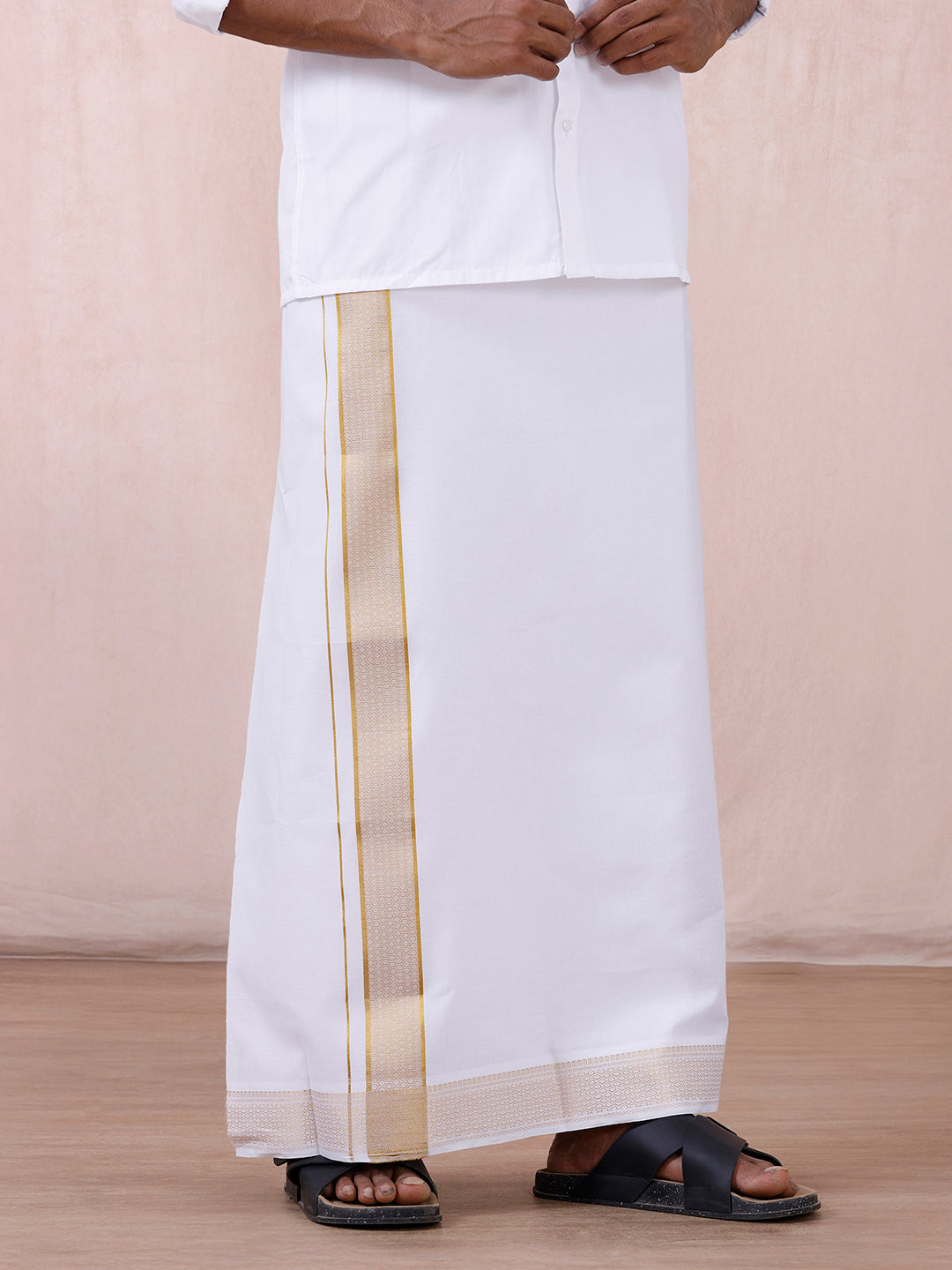 Men 100% Cotton Single Layer White Dhoti with Gold Jari Border Aura 367