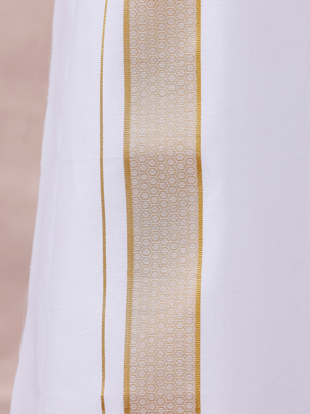 Men 100% Cotton Single Layer White Dhoti with Gold Jari Border Aura 367