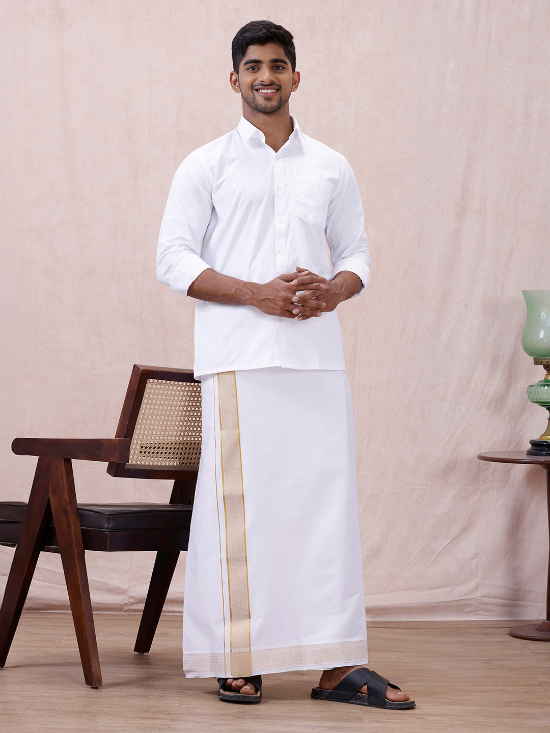 Men 100% Cotton Single Layer White Dhoti with Gold Jari Border Aura 367