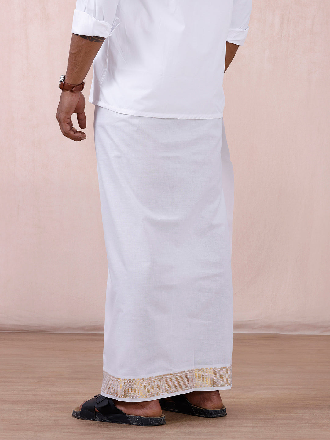 Men 100% Cotton Single Layer White Dhoti with Gold Jari Border Aura 366