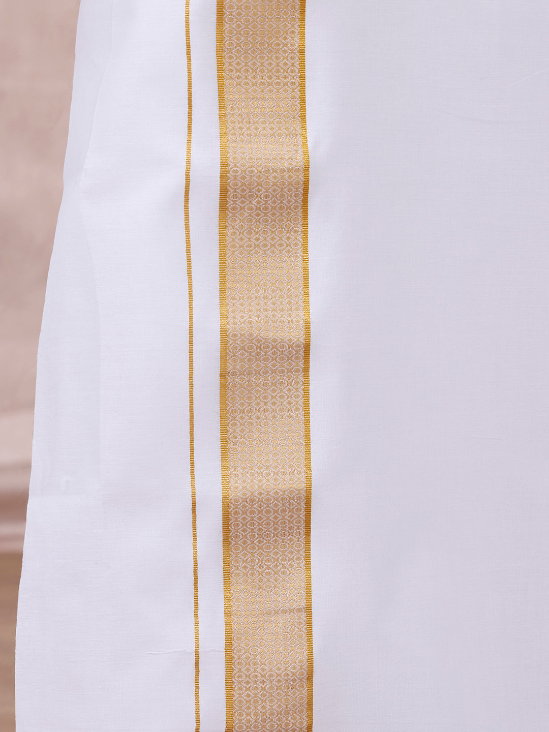 Men 100% Cotton Single Layer White Dhoti with Gold Jari Border Aura 366