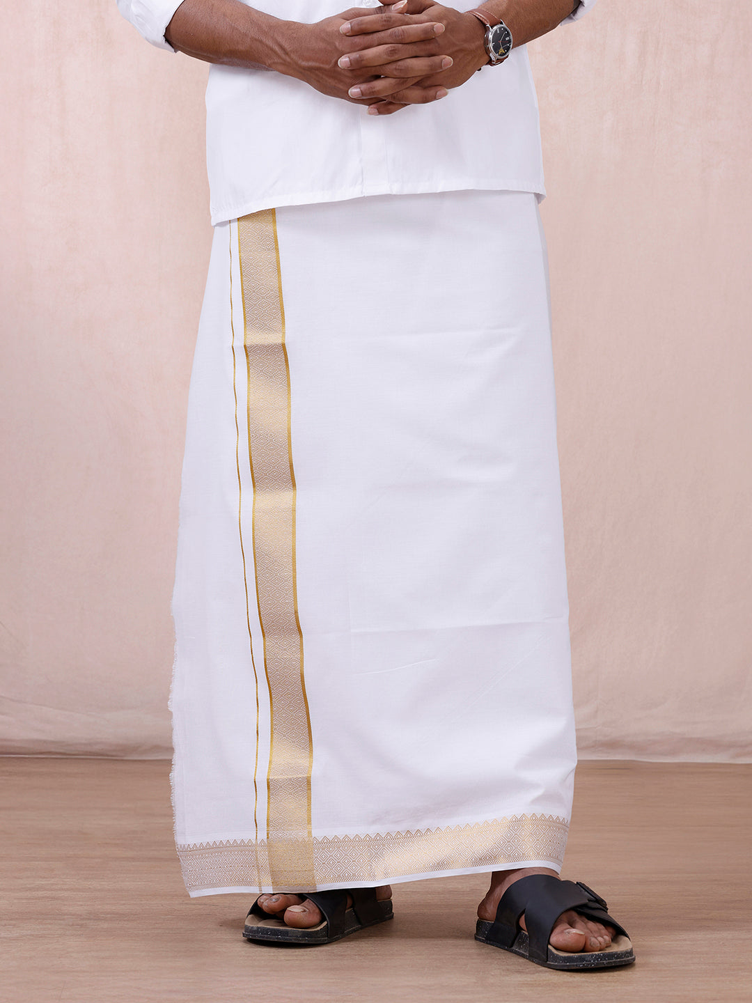 Men 100% Cotton Single Layer White Dhoti with Gold Jari Border Aura 306