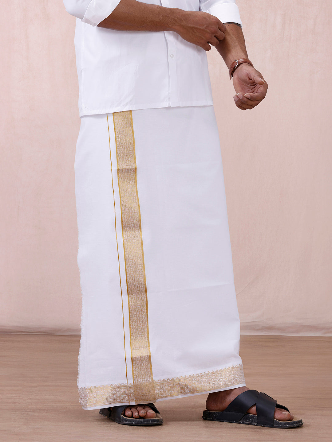 Men 100% Cotton Single Layer White Dhoti with Gold Jari Border Aura 306