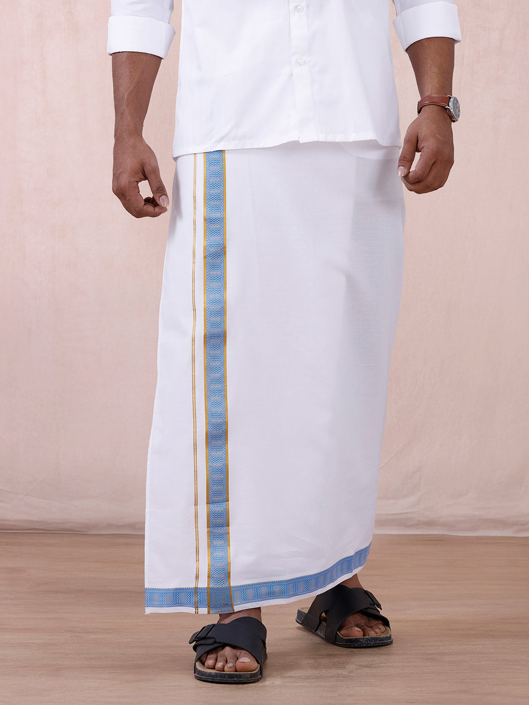 Men Cotton Blend Readymade Double Layer White Dhoti with Fancy Jari Border GGEA02