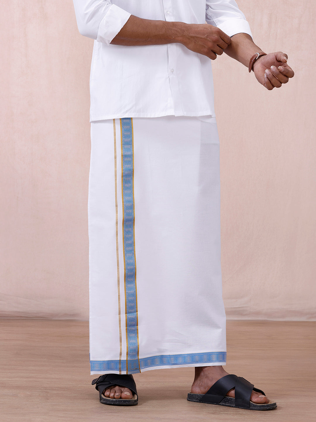 Men Cotton Blend Readymade Double Layer White Dhoti with Fancy Jari Border GGEA02