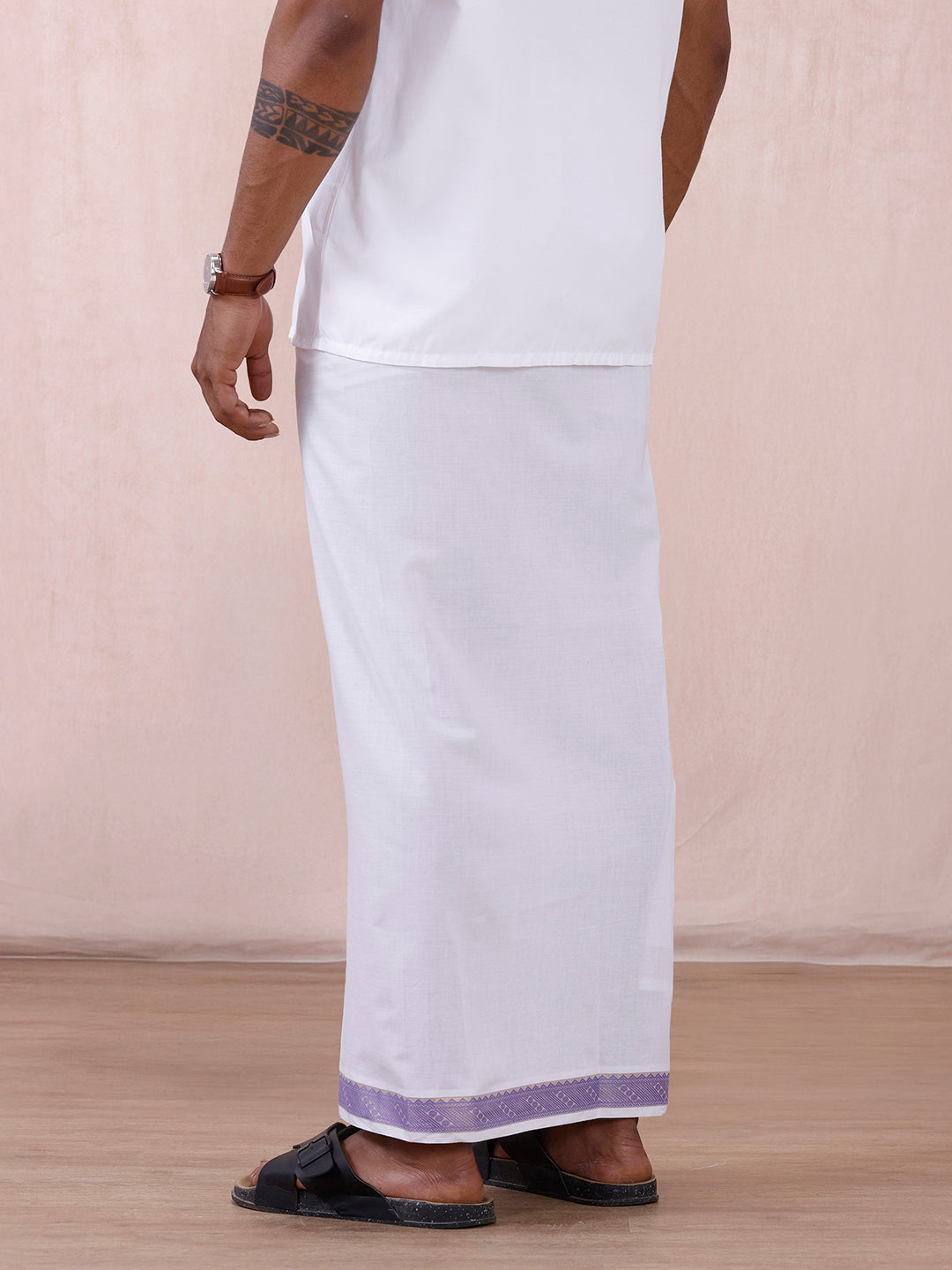 Men Cotton Blend Readymade Double Layer White Dhoti with Fancy Jari Border GGEA01