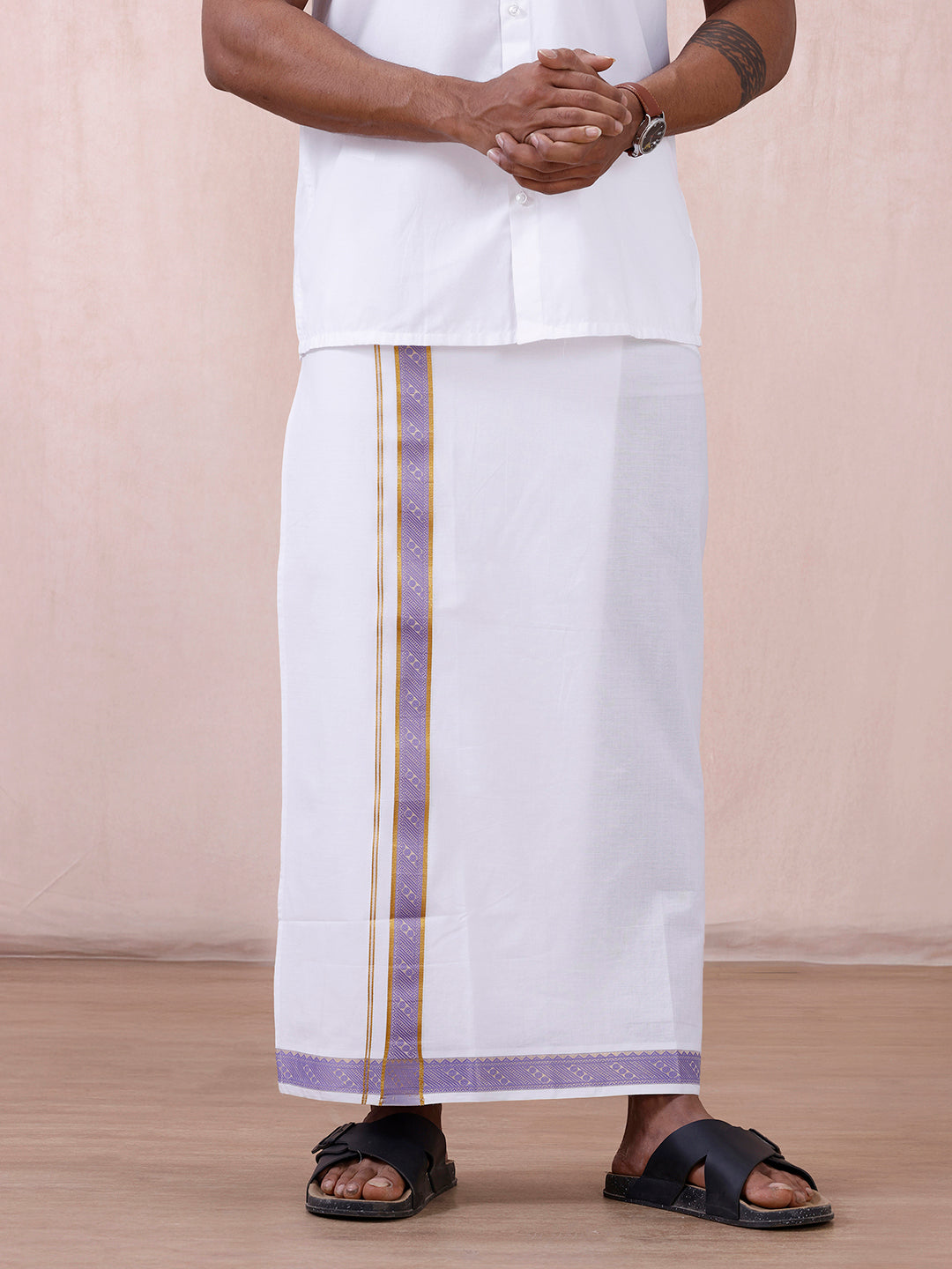 Men Cotton Blend Readymade Double Layer White Dhoti with Fancy Jari Border GGEA01