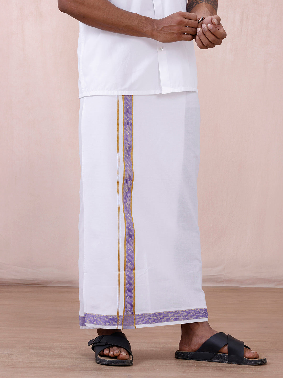 Men Cotton Blend Readymade Double Layer White Dhoti with Fancy Jari Border GGEA01