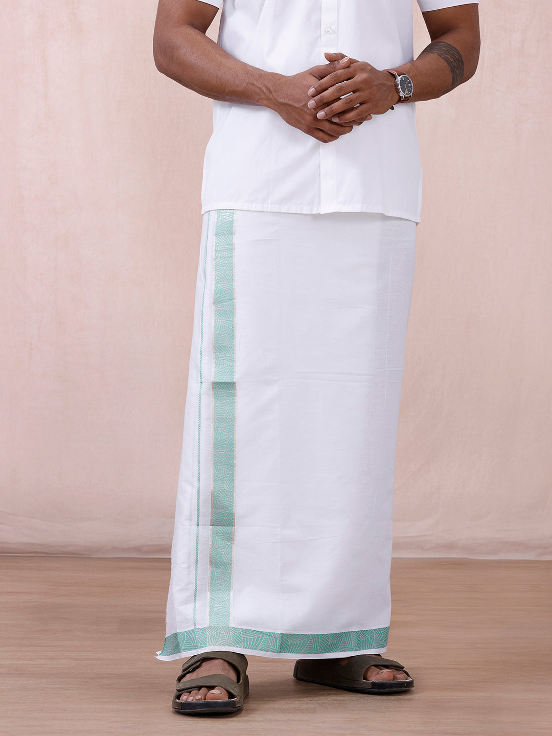 Men Premium Cotton Double Layer White Dhoti with Green Fancy Jari Border Luxury Club LC16