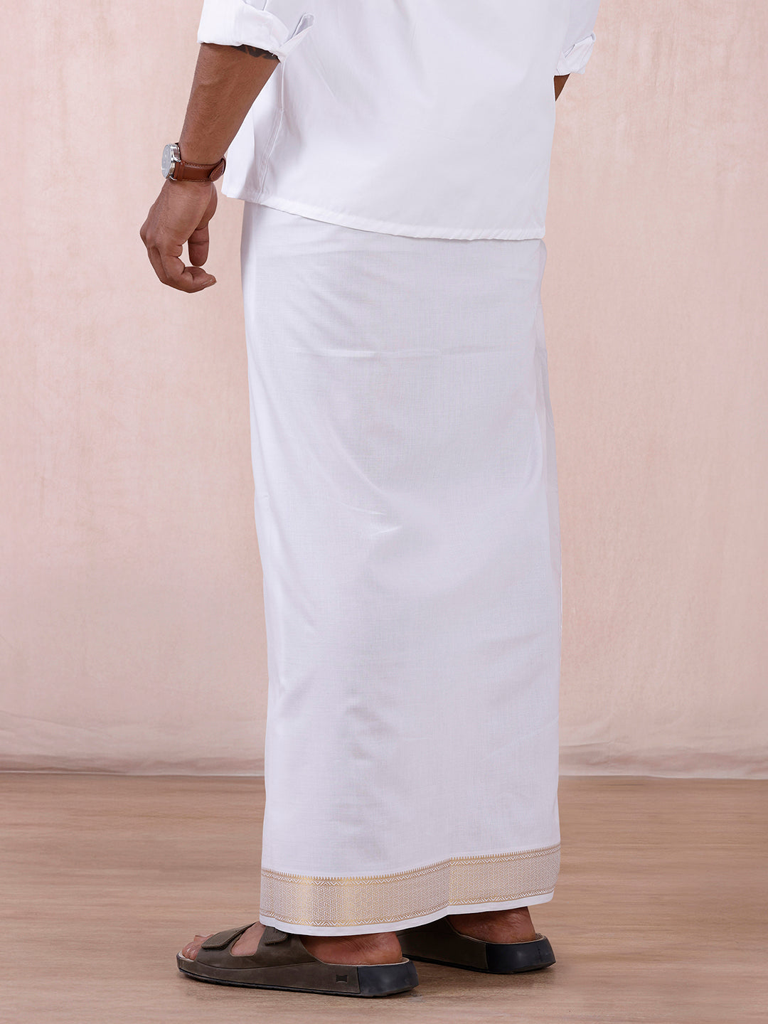 Men 100% Cotton Single Layer White Dhoti with Gold Jari Border Aura 368