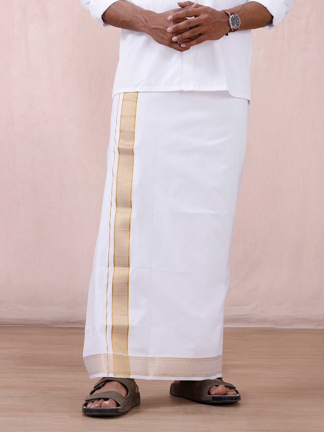 Men 100% Cotton Single Layer White Dhoti with Gold Jari Border Aura 368