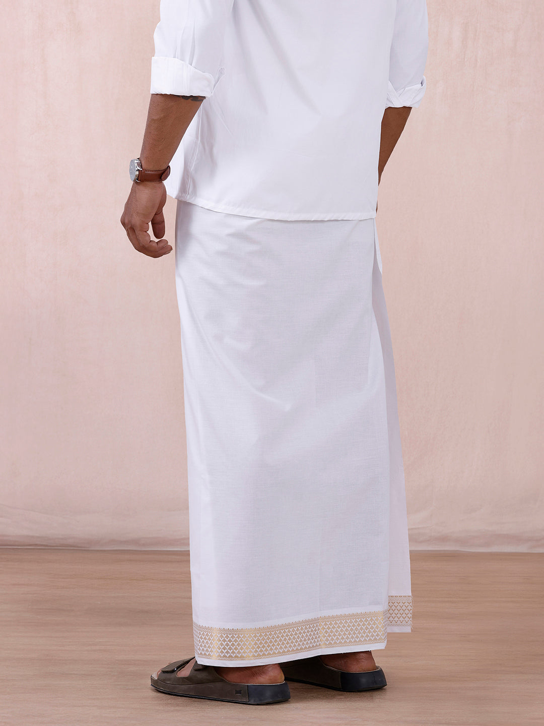 Men 100% Cotton Single Layer White Dhoti with Gold Jari Border Aura 363