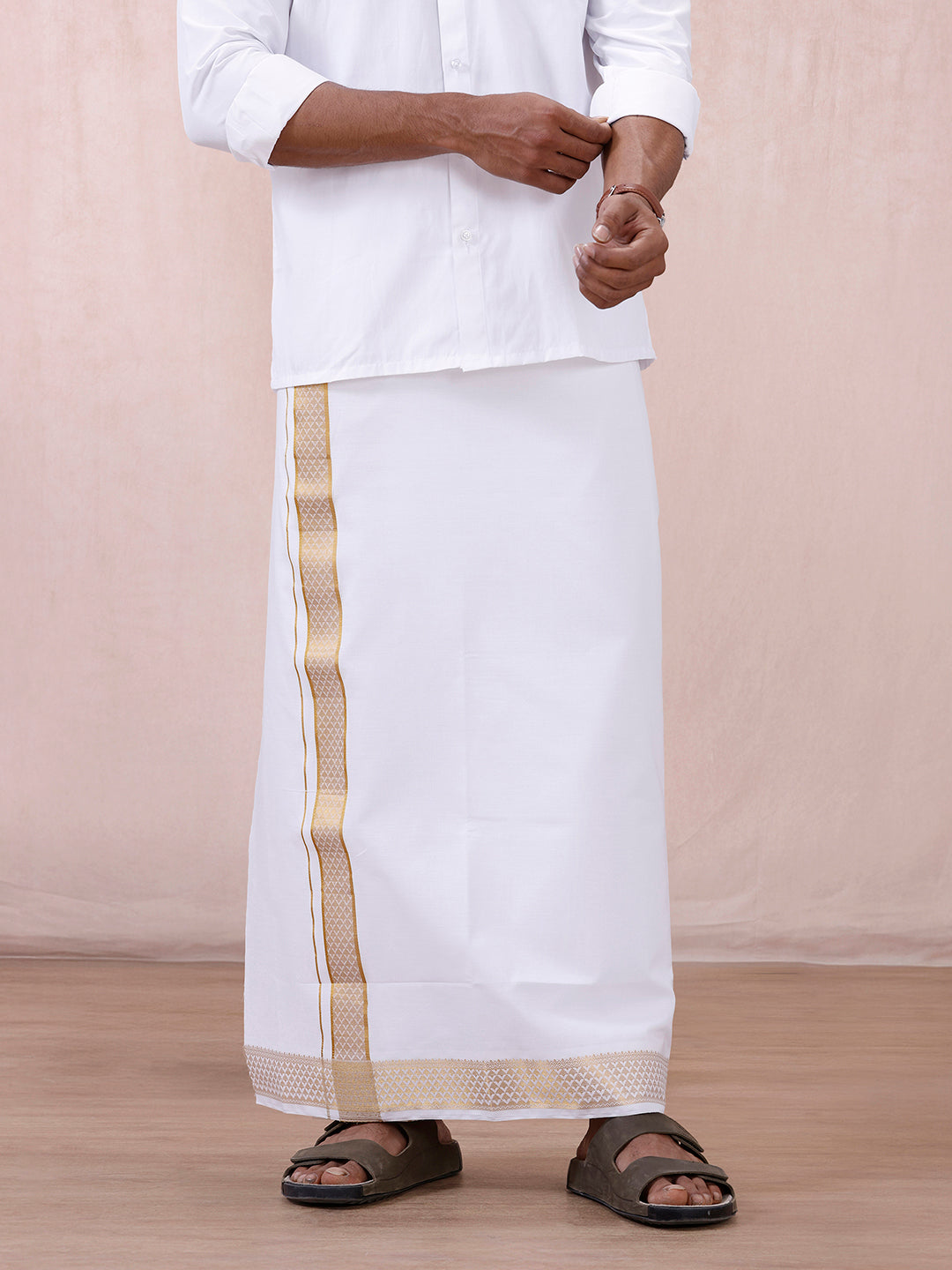 Men 100% Cotton Single Layer White Dhoti with Gold Jari Border Aura 363