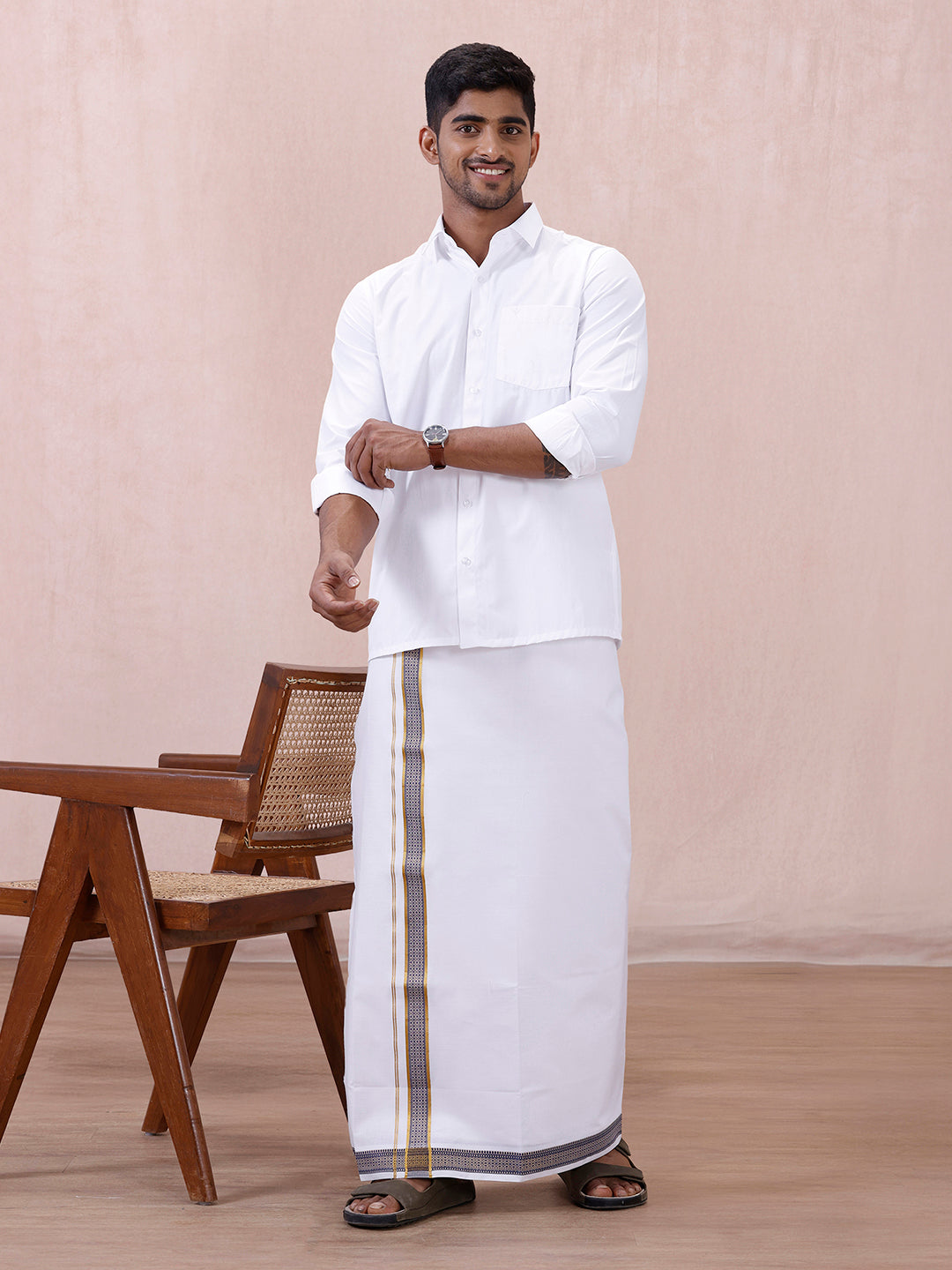 Men 100% Cotton Single Layer White Dhoti with Fancy Jari Border GE04