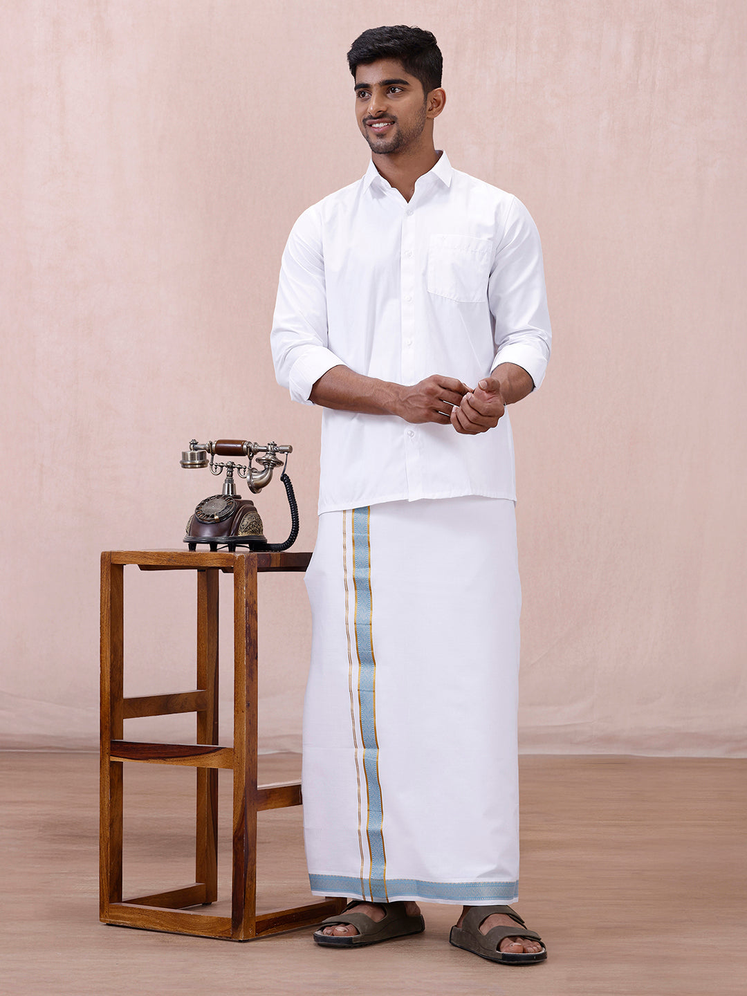 Men 100% Cotton Single Layer White Dhoti with Fancy Jari Border GE03