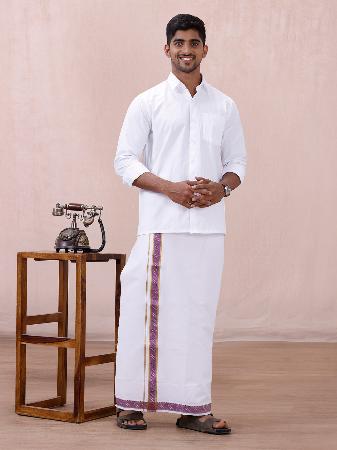 Men 100% Cotton Single Layer White Dhoti with Fancy Jari Border GE01
