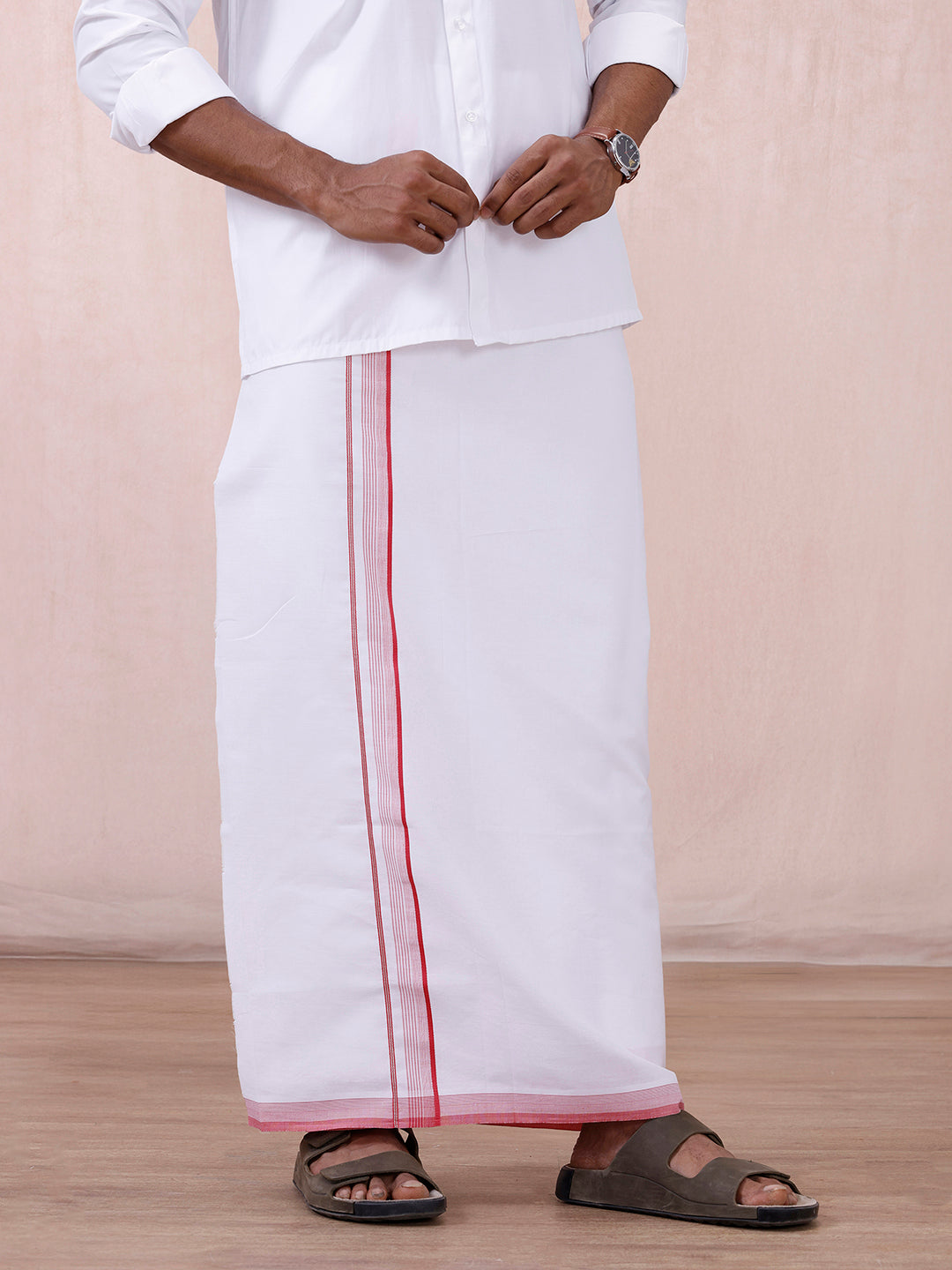 Men 100% Cotton Single Layer White Dhoti with Fancy Jari Border HW01