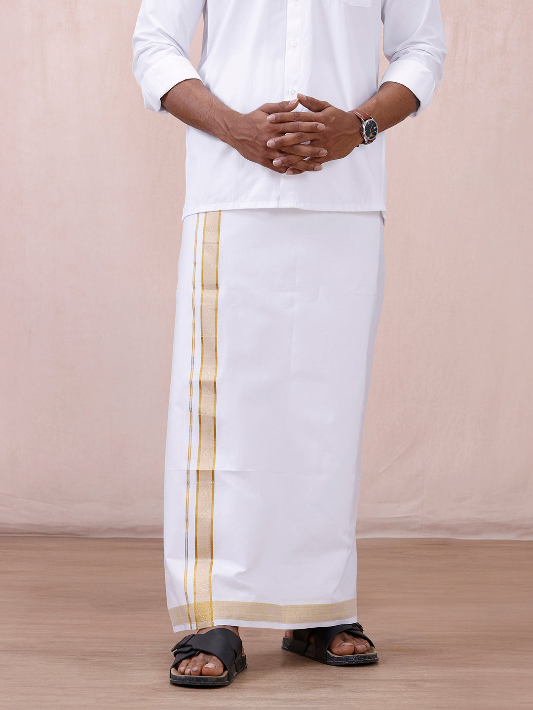Men 100% Cotton Single Layer White Dhoti with Fancy Jari Border GE02