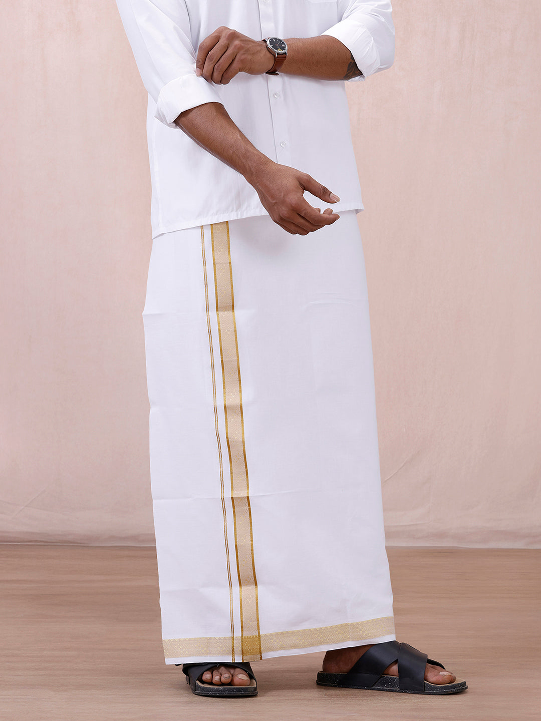 Men 100% Cotton Single Layer White Dhoti with Fancy Jari Border GE02