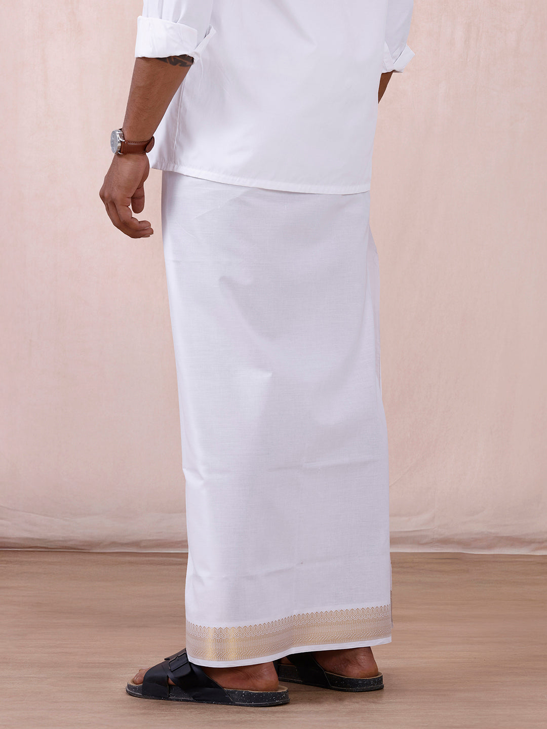 Men 100% Cotton Single Layer White Dhoti with Gold Jari Border Aura 315