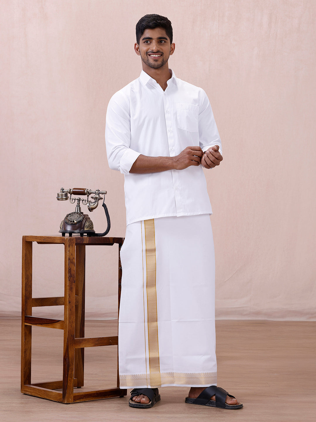 Men 100% Cotton Single Layer White Dhoti with Gold Jari Border Aura 315