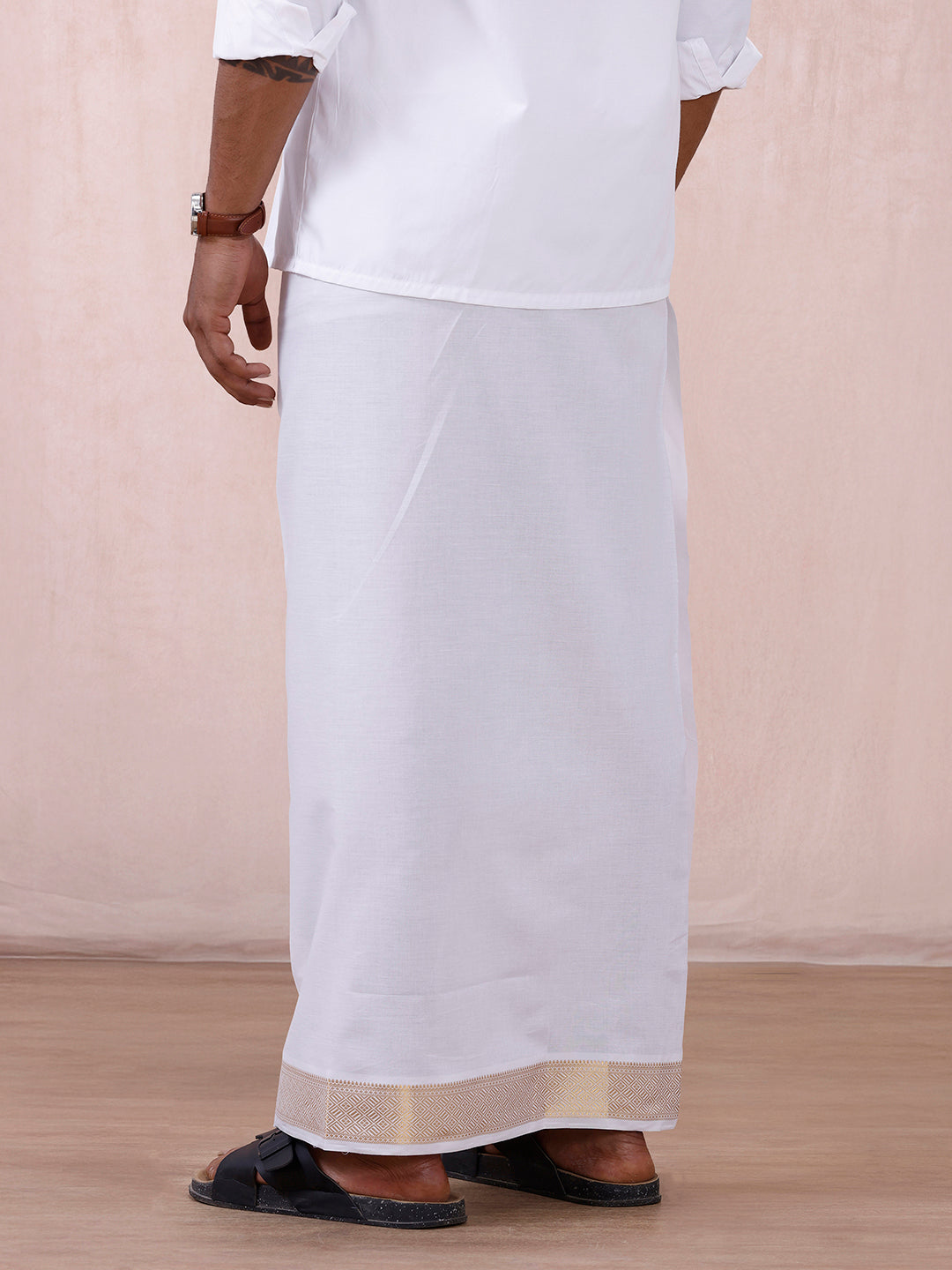 Men 100% Cotton Single Layer White Dhoti with Gold Jari Border Aura 336