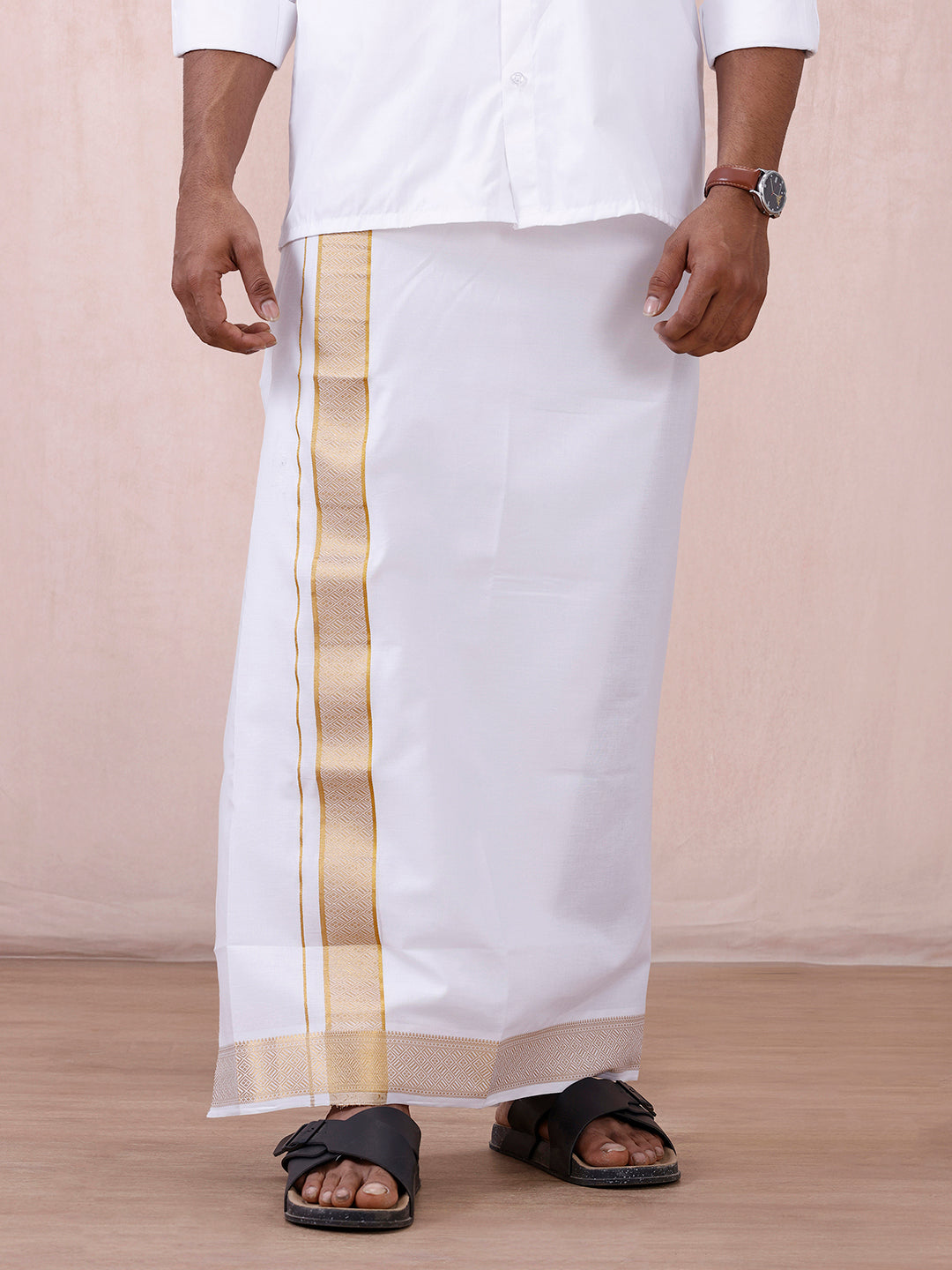 Men 100% Cotton Single Layer White Dhoti with Gold Jari Border Aura 336