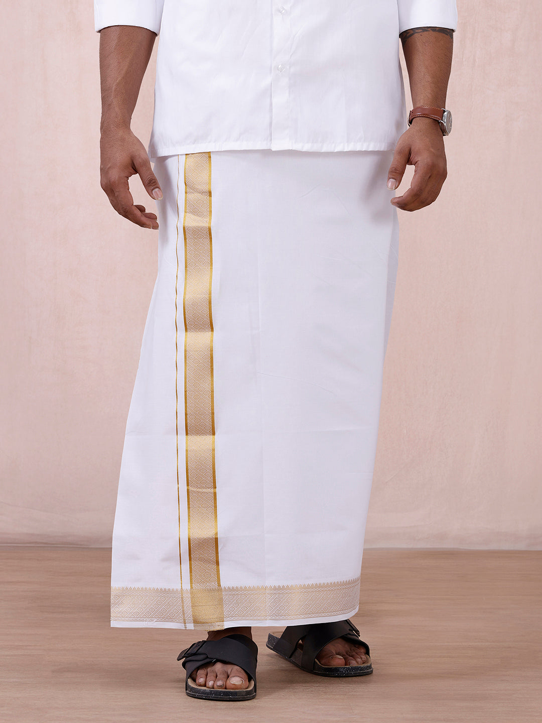 Men Cotton Blend Readymade Double Layer White Dhoti with Gold Jari Border GAA04