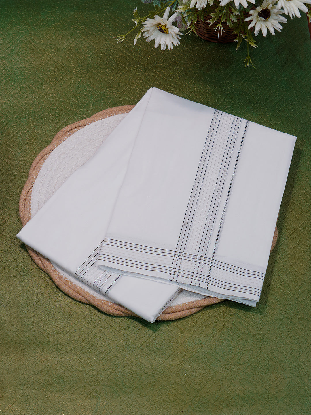 Men Premium Handloom White Dhoti with Fancy Border HLM58