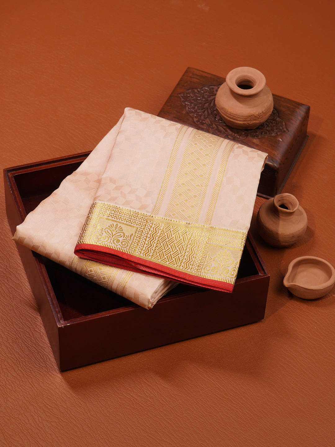 Men Pure Silk Peach Dhoti & Towel Set with 3" inch Gold Jari Border TK19