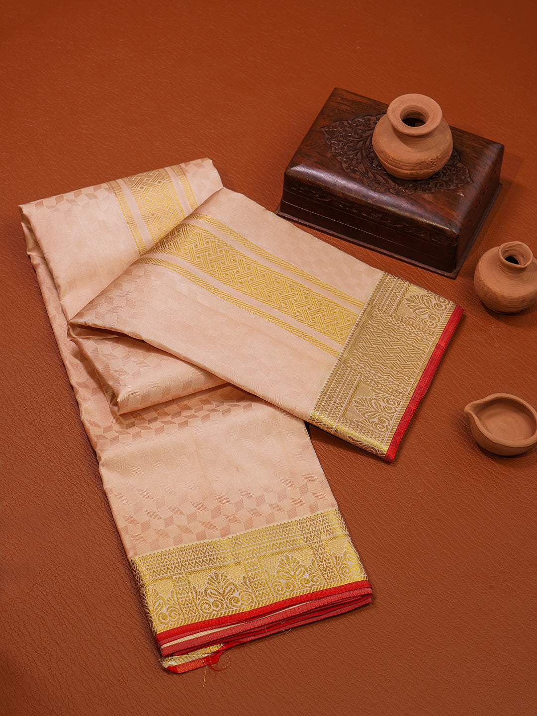 Men Pure Silk Peach Dhoti & Towel Set with 3" inch Gold Jari Border TK19