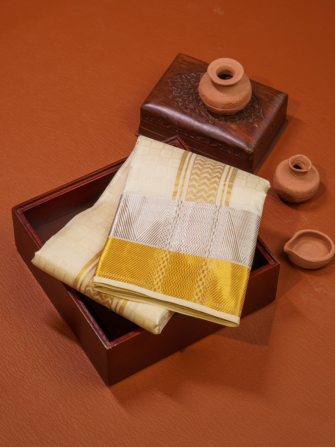 Men Pure Silk Cream Dhoti & Towel Set with 3" inch Gold Jari Border TK21