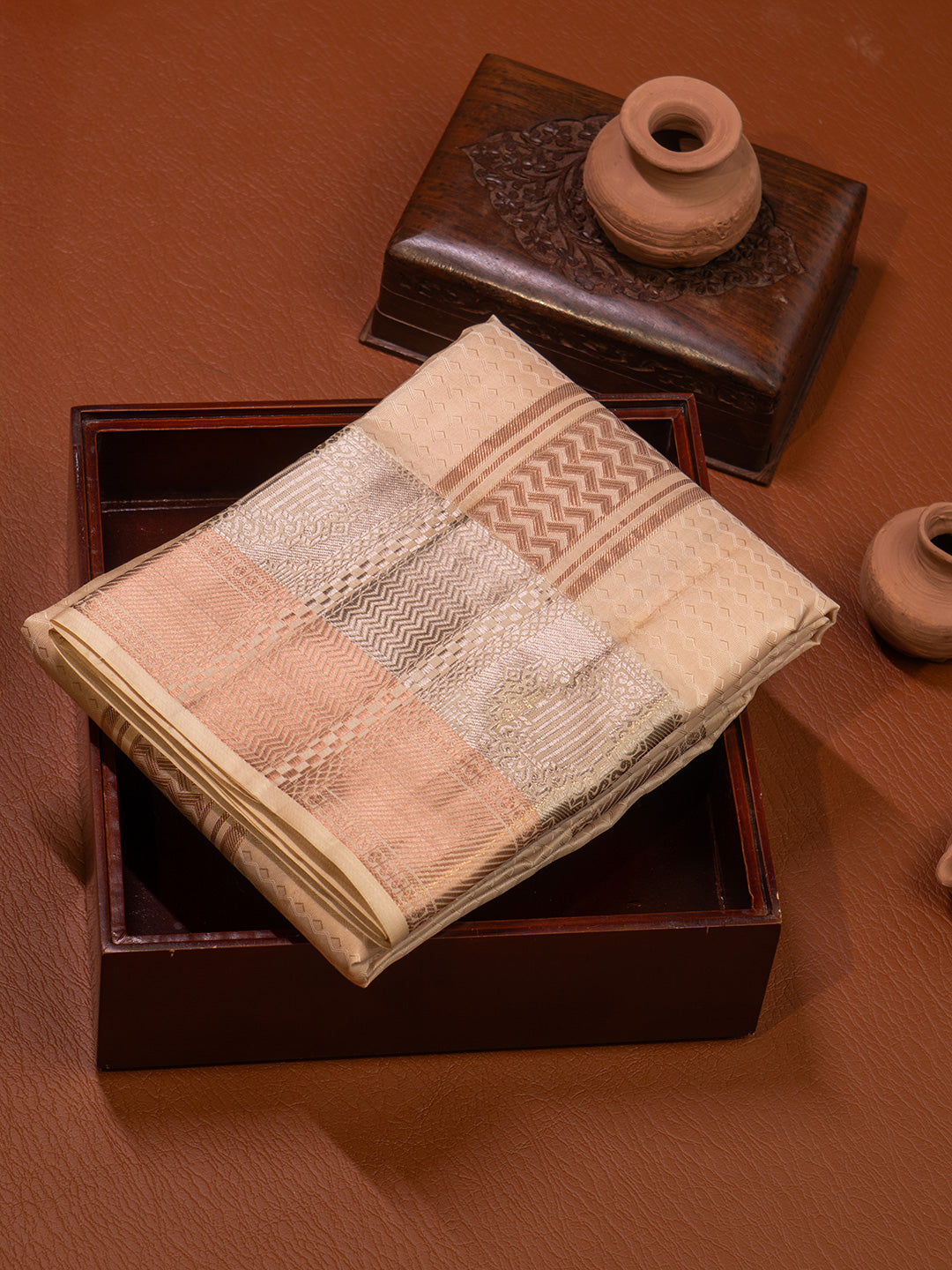 Men Pure Silk Peach Dhoti & Towel Set with 3" inch Fancy Jari Border TK24