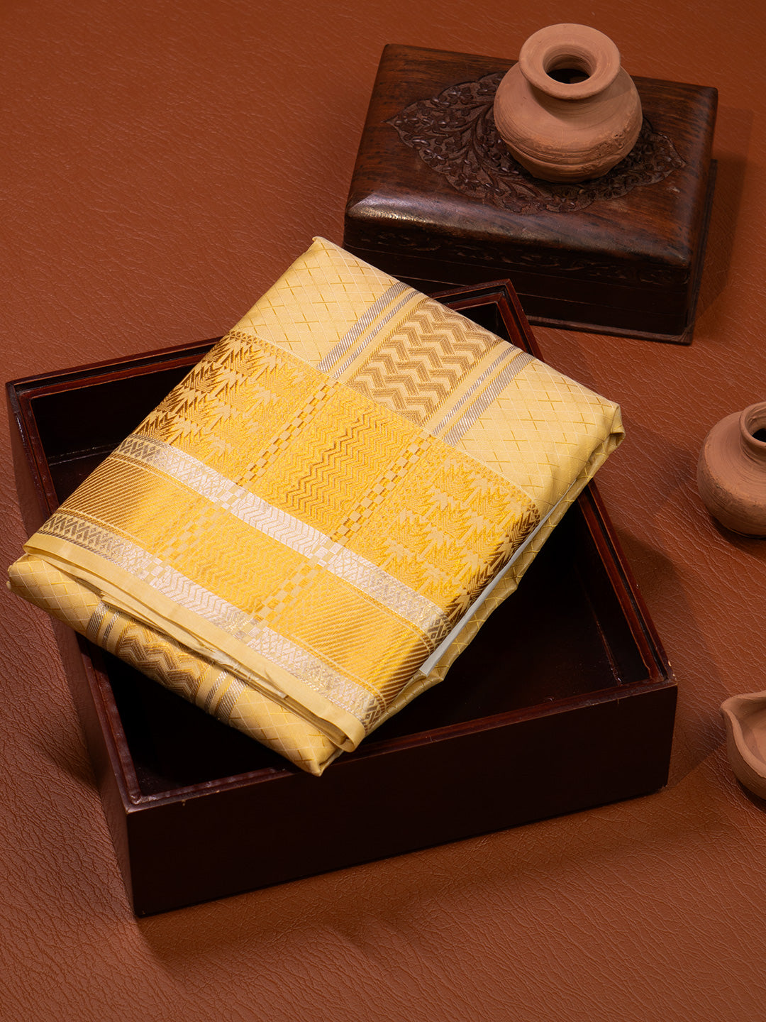 Men Pure Silk Golden Dhoti & Towel Set with 4" inch Fancy Jari Border TKC15