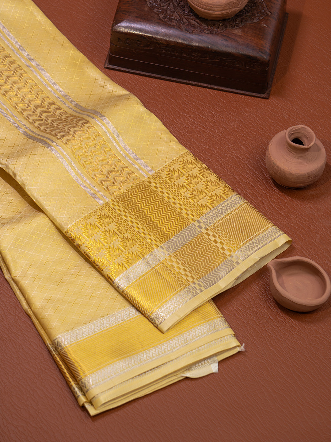Men Pure Silk Golden Dhoti & Towel Set with 4" inch Fancy Jari Border TKC15