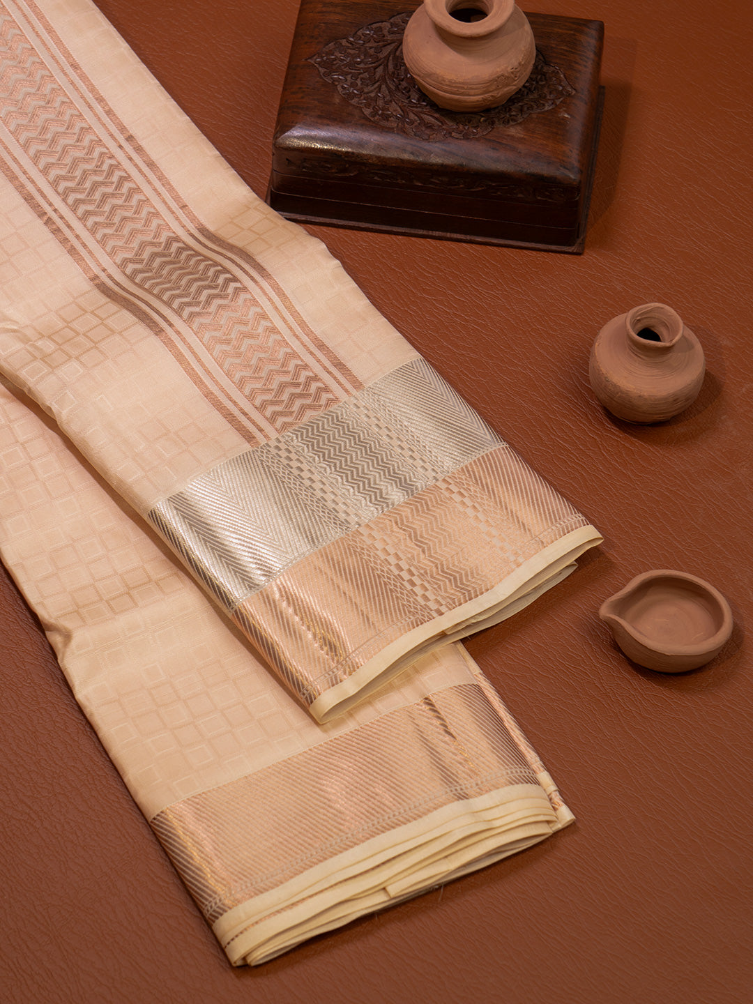 Men Pure Silk Peach Dhoti & Towel Set with 3" inch Fancy Jari Border TK23