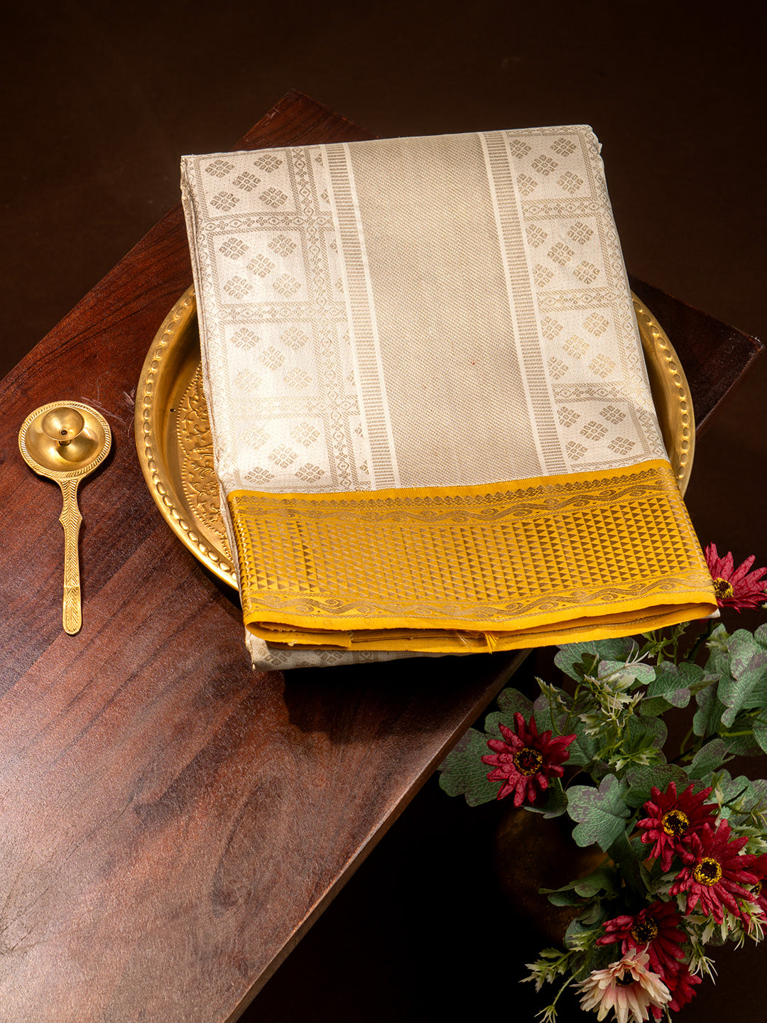 Men Premium Pure Silk OffWhite Dhoti & Towel Set with 2-gram Gold Coating Jari Border Amirtham 01