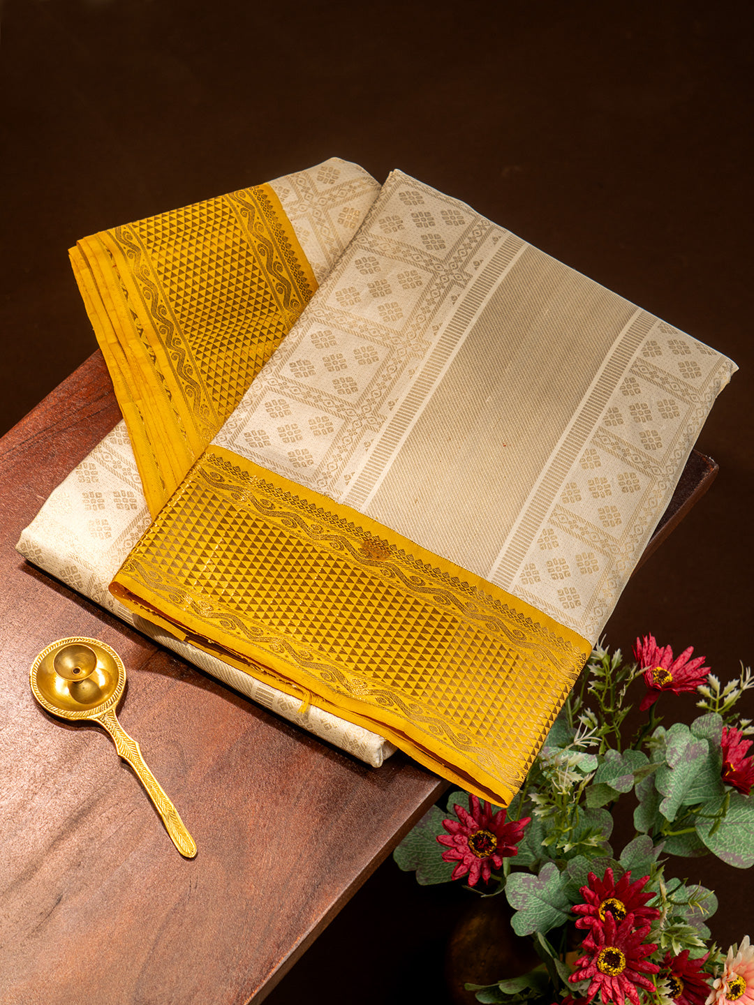 Men Premium Pure Silk OffWhite Dhoti & Towel Set with 2-gram Gold Coating Jari Border Amirtham 01