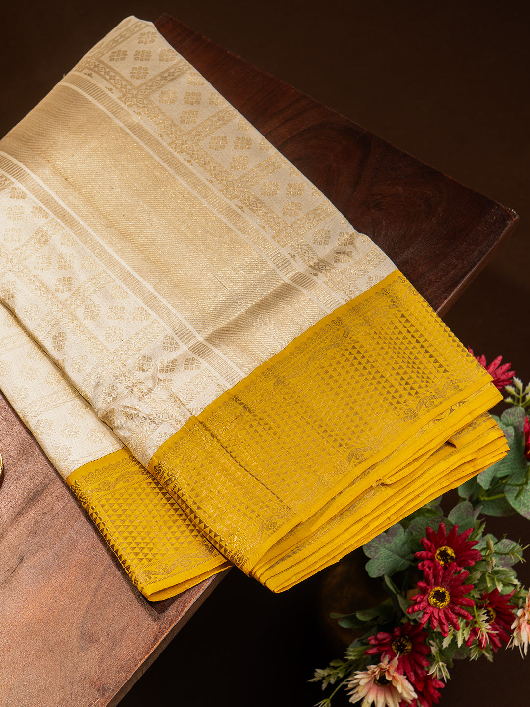 Men Premium Pure Silk OffWhite Dhoti & Towel Set with 2-gram Gold Coating Jari Border Amirtham 01
