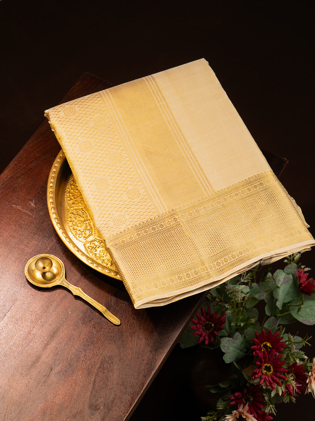 Men Premium Pure Silk Fawn Dhoti and Towel Set with 2-gram Gold Coating Jari Border Amirtham Amirtham