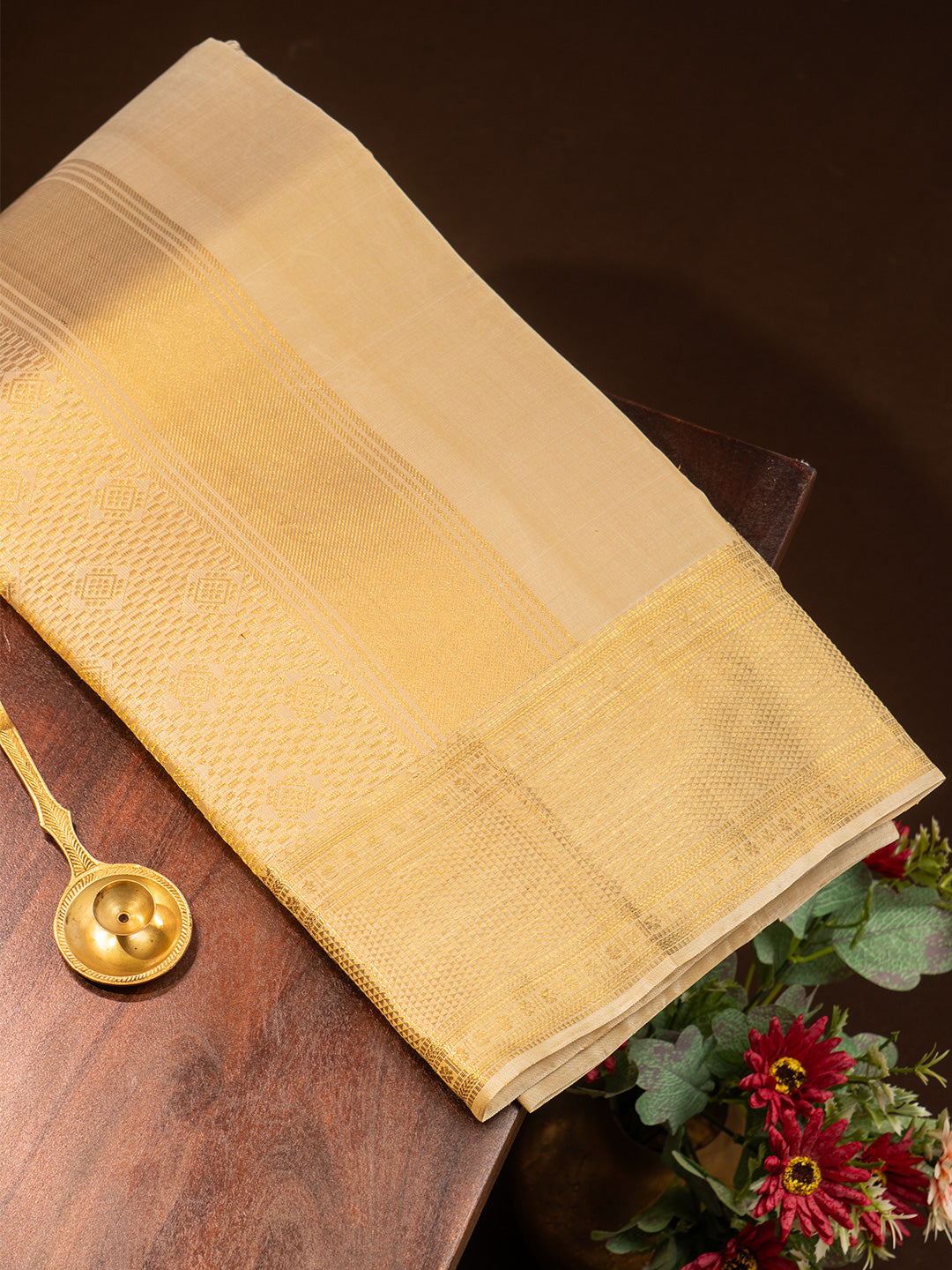 Men Premium Pure Silk Fawn Dhoti and Towel Set with 2-gram Gold Coating Jari Border Amirtham Amirtham