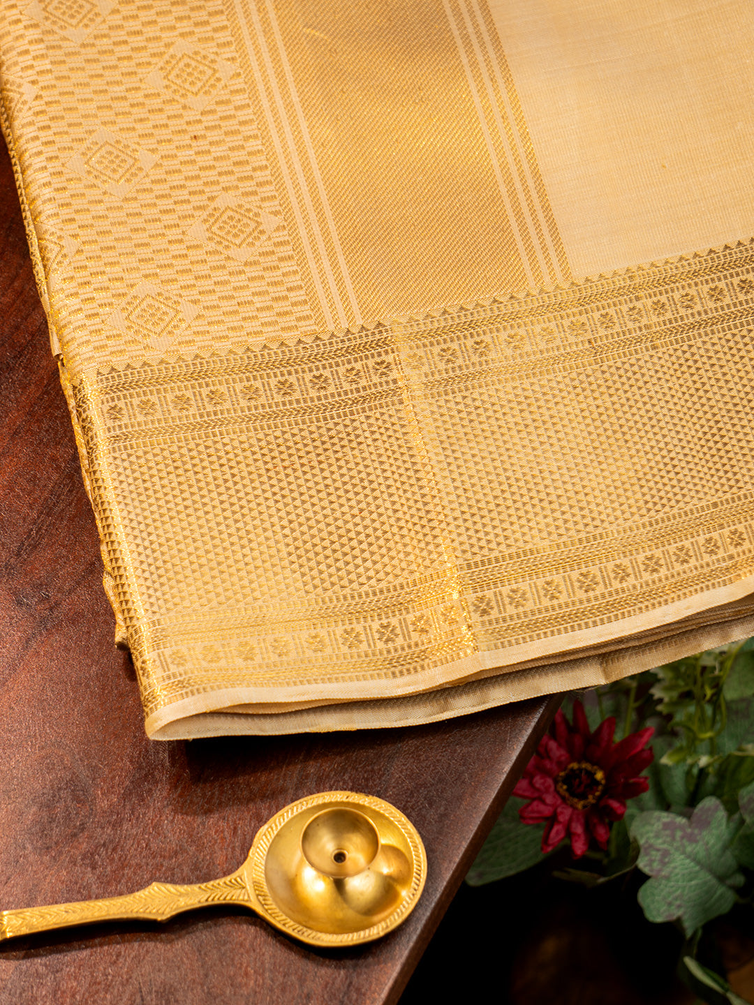 Men Premium Pure Silk Fawn Dhoti and Towel Set with 2-gram Gold Coating Jari Border Amirtham Amirtham