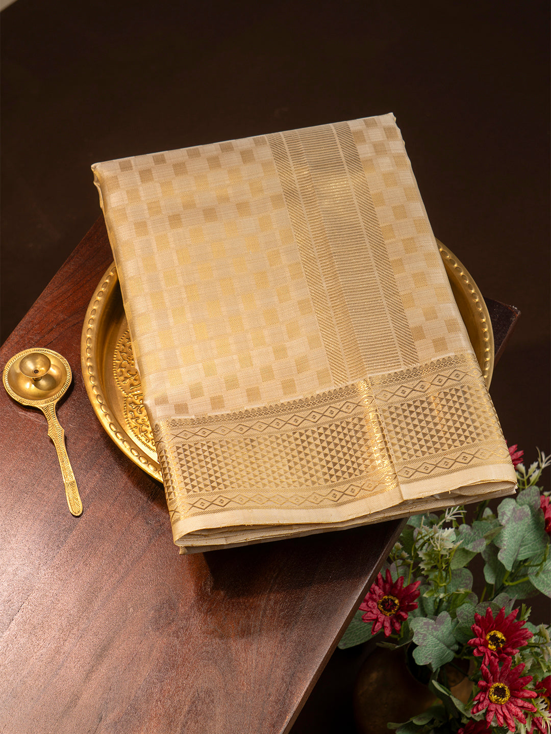 Men Luxury Pure Silk Fawn Dhoti & Towel Set with 2-gram Gold Coating Jari Border Amirtham