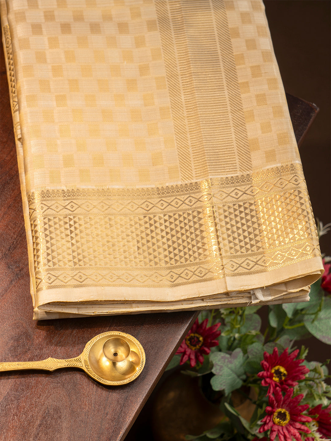Men Luxury Pure Silk Fawn Dhoti & Towel Set with 2-gram Gold Coating Jari Border Amirtham