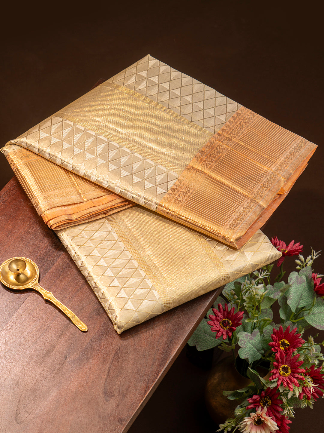 Men Premium Pure Silk Fawn Tissue Dhoti & Towel Set with 2-gram Gold Coating Jari Border Amirtham Amirtham