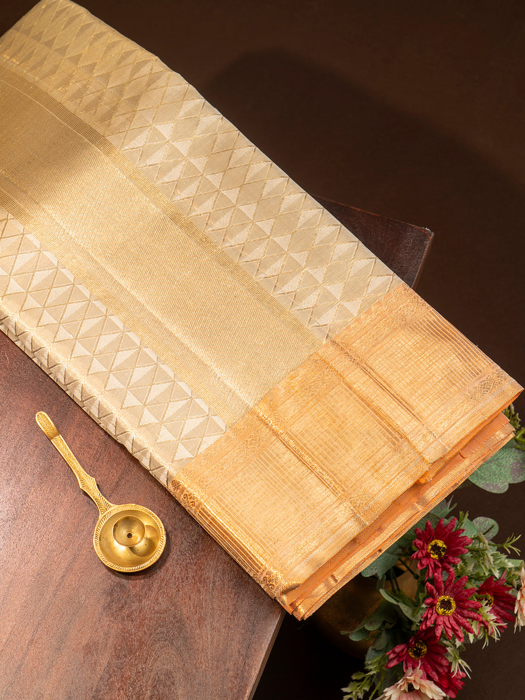 Men Premium Pure Silk Fawn Tissue Dhoti & Towel Set with 2-gram Gold Coating Jari Border Amirtham Amirtham